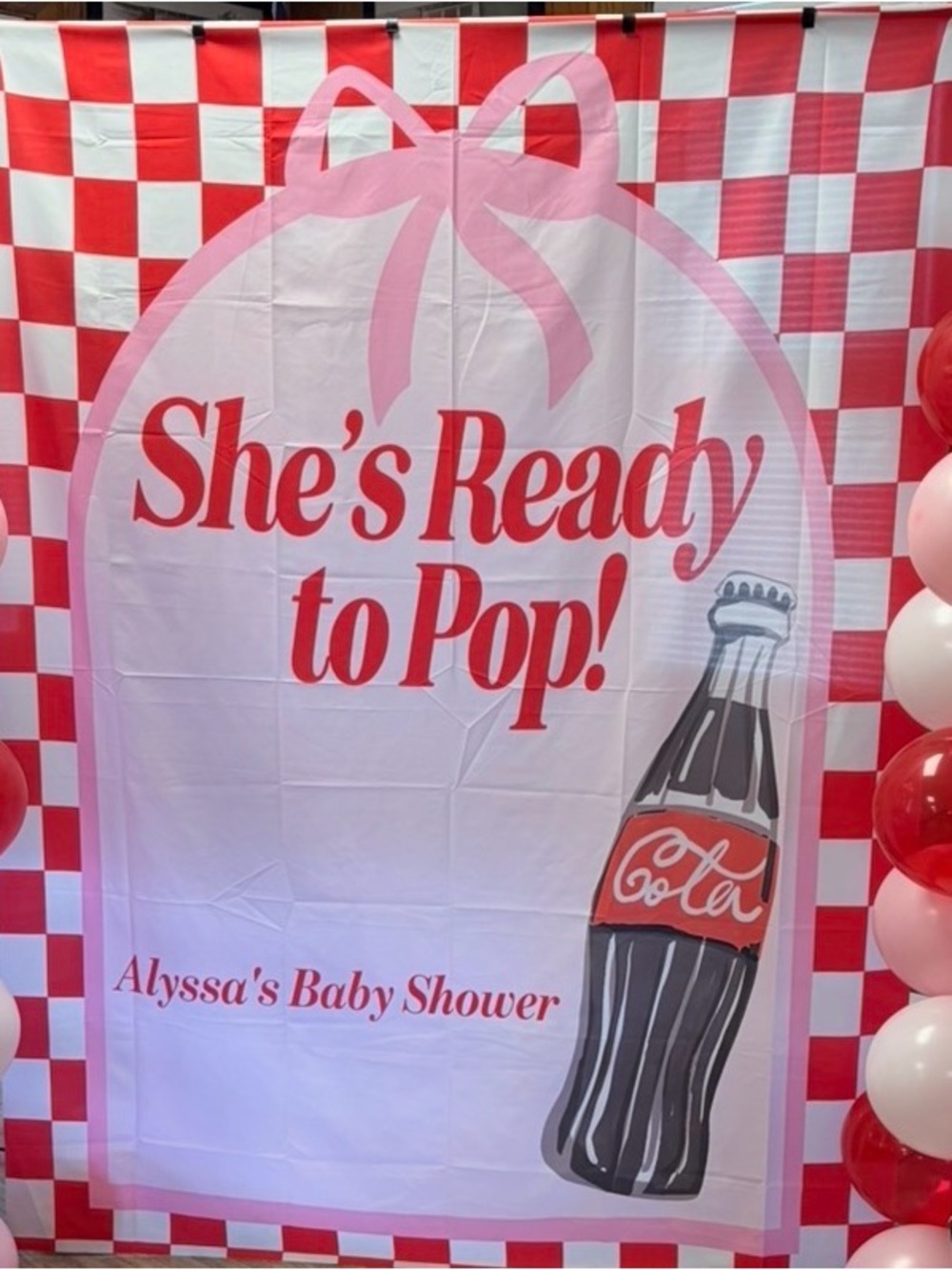 Pink "She's Ready to Pop" Baby Shower Backdrop - Personalized Party Decor Alyssa
